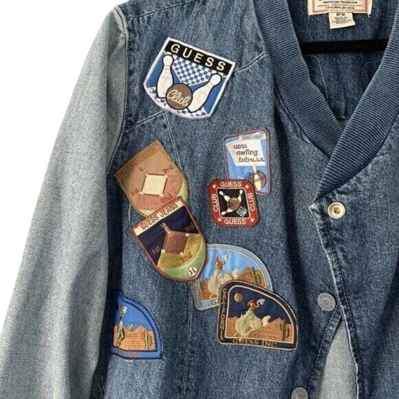 GUESS Originals Size M Asymmetric Denim Patchwork Bomber Jacket Jean - Picture 11 of 13